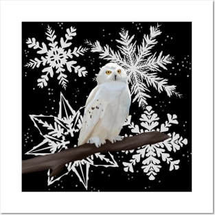 Snowy owl on snowflake pattern Posters and Art